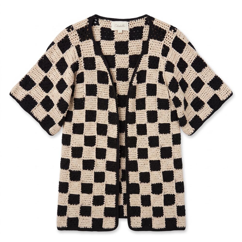 Cleobella Brenda Crochet Black White Checkerboard Knit Cardigan Women's XS Boho